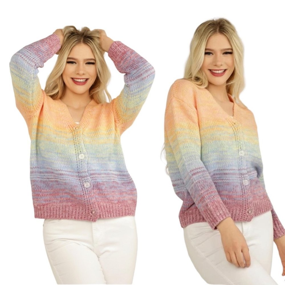 Dex Rainbow Ombre Knit Cardigan Sweater - Pastel Yellow Pink Purple Blue